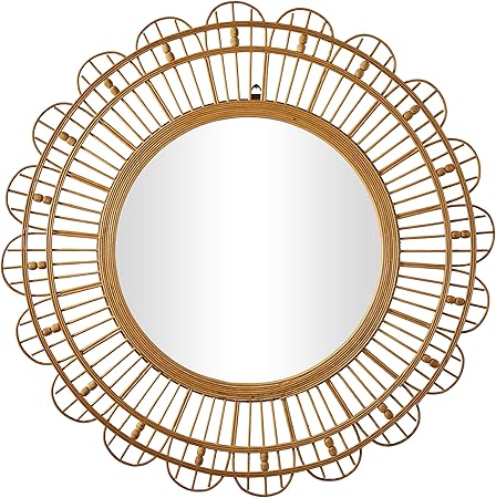 Bamboo Wood Handmade Room Wall Mirror Woven Entryway Mirror with Beaded Accents, Wall Mounted Mirror, Brown
