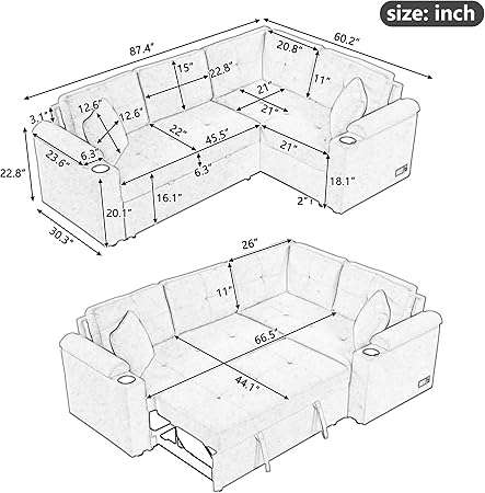 L-Shape Sofa Bed Pull-Out Sleeper Sofa with Wheels, USB Ports
