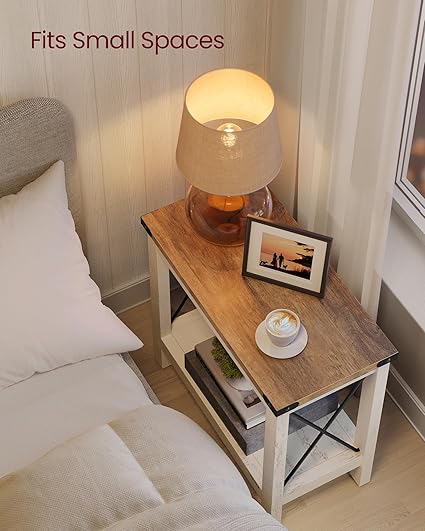 2-Tier End Table, Side Table with Bottom Shelf, Nightstand, Rustic White and Honey Brown