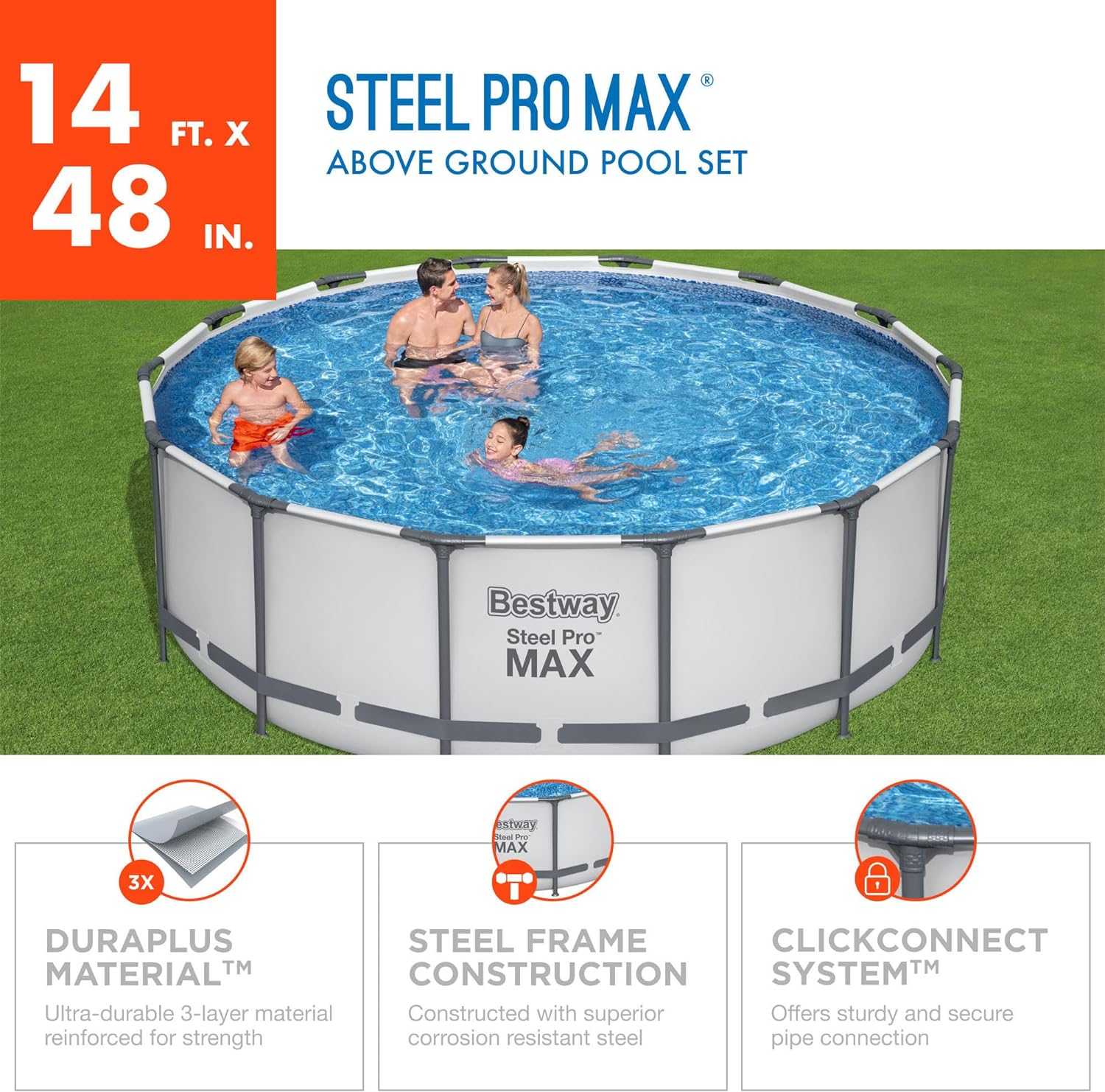 Steel Pro MAX Round Metal Frame above Ground Outdoor Swimming Pool Set with 1,000 Filter Pump, Ladder, and Cover, Gray