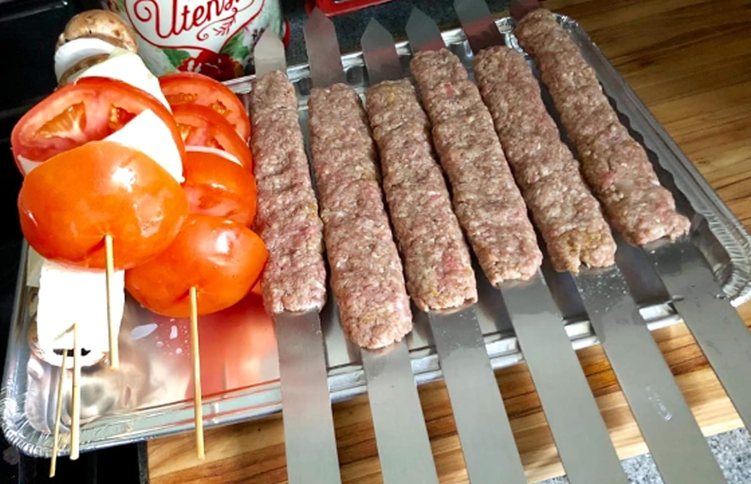 BBQ Skewers Stainless Steel Flat Metal Skewers with Wooden Handles