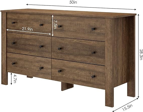 6 Drawer Dresser, Wood Chest of Drawers, Wide Storage Dresser with Sturdy Frame, Closet Organizer for Living Room Closets, Hallway, Rustic Brown