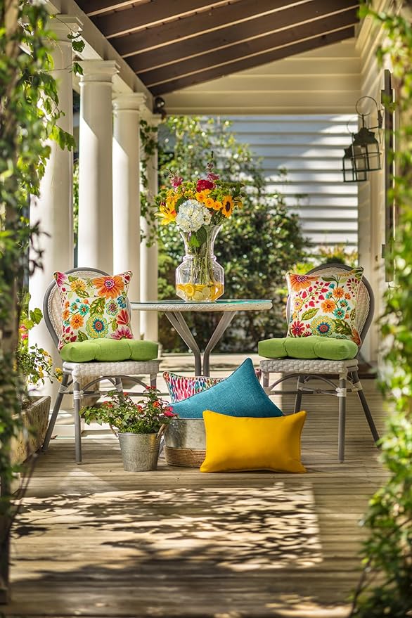 Bright Floral Indoor/Outdoor 1 Piece Split Back Chair Cushion with Ties Rounded Corners, Deep Seat, Weather, and Fade Resistant, Blue/Purple Gregoire