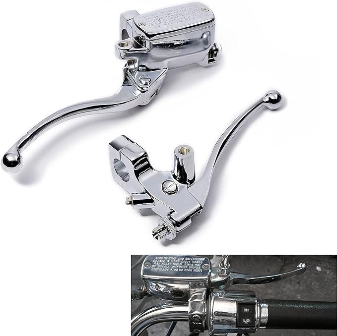 Chrome Handlebar Left Clutch Lever + Right Hydraulic Brake Master Cylinder Compatible with Harley Motorcycles