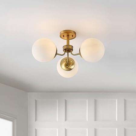 3-Light Bohemian Farmhouse Iron/Frosted Glass LED Semi Flush Mount Modern Contemporary Brass Gold