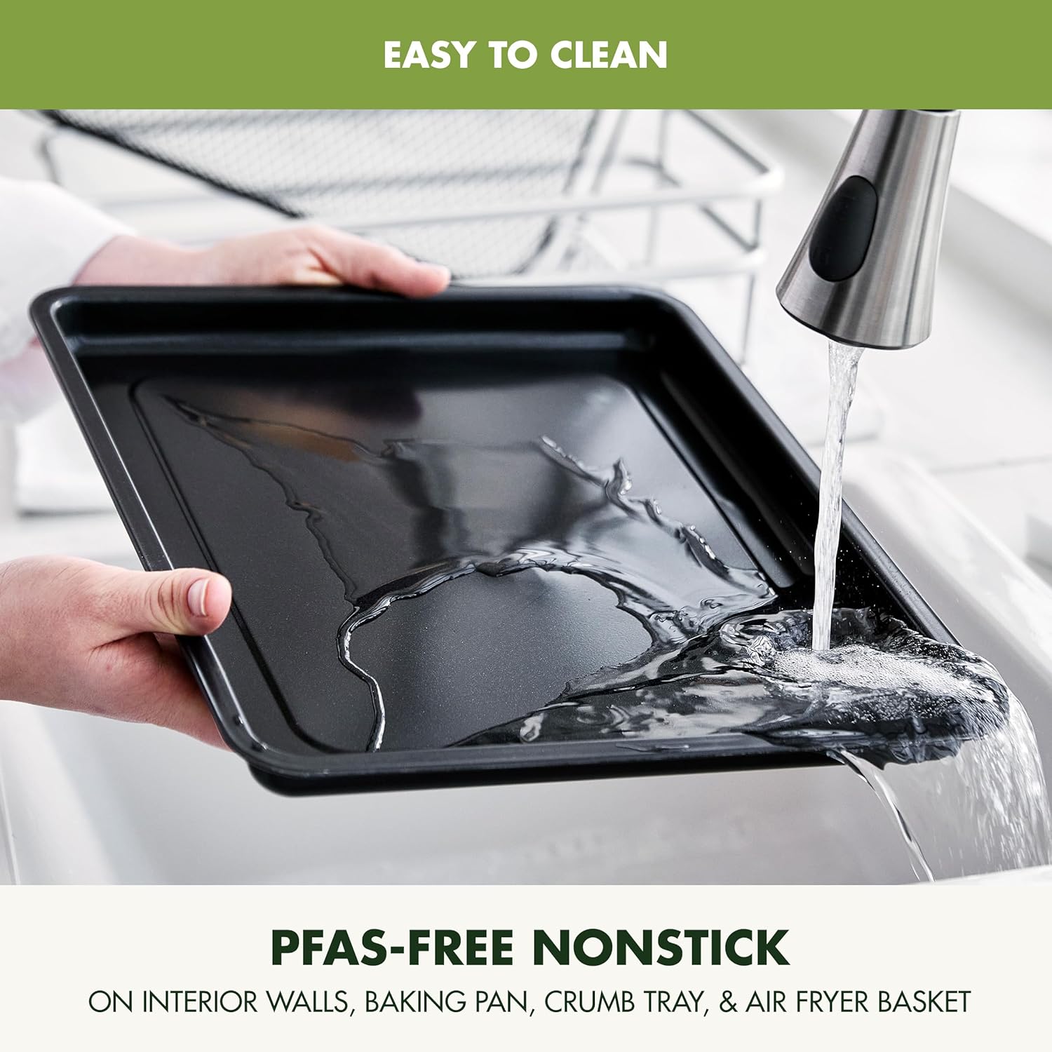 Bistro Stainless Steel 9-in-1 Air Fry Oven, Nonstick Baking Pan, Stainless Steel Rack, and Basket, Fast Heating, Multifunction Presets, Cool-Touch Handle, PFAS-Free, Easy Cleanup Crumb Tray