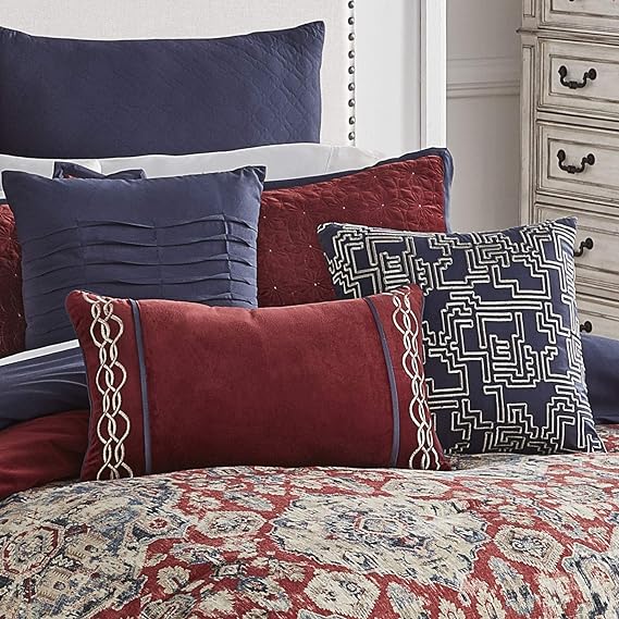 100% Polyester Comforter Set, King, Sadler - Red/Gray, 10 Piece Set