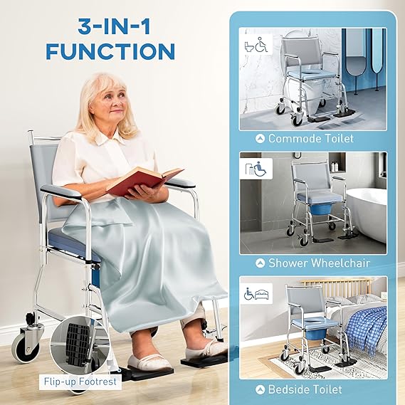 3 in 1 Shower Commode Wheelchair with 4 Lockable Wheels