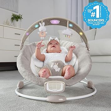 InLighten Baby Bouncer Infant Seat with Light Up -Toy Bar, Vibrations & Sounds, (Twinkle Tails Bunny)