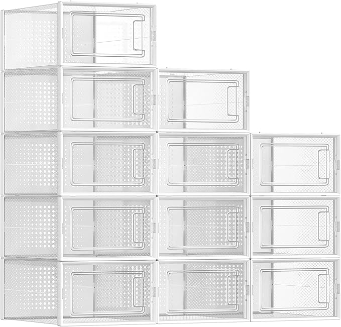 Shoe Boxes, Pack of 12, Stackable, Sneakers, Transparent and White