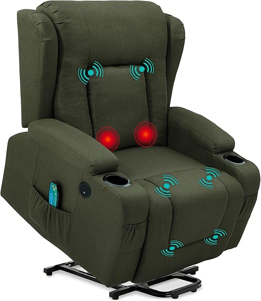 Modern Linen Electric Power Lift Chair, Recliner Massage Chair, Adjustable Furniture for Back, Legs w/ 3 Positions, USB Port, Heat, Cupholders, Easy-to-Reach Button - Olive