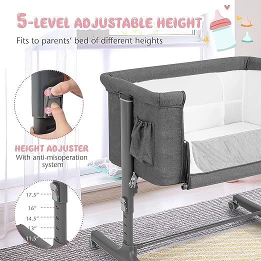 Bassinet Bedside Sleeper, 3 in 1 Folding Crib w/Adjustable Height, Mattress, Lockable Wheels, Storage Pocket & Carry Bag for Infant Newborn, Stationary & Rock, Portable Baby Bassinet (Grey)