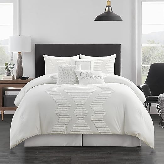 Wonderful Galatea 7 Piece Comforter Set, White, Bed Size King, Modern Design, All Season Bedding Set