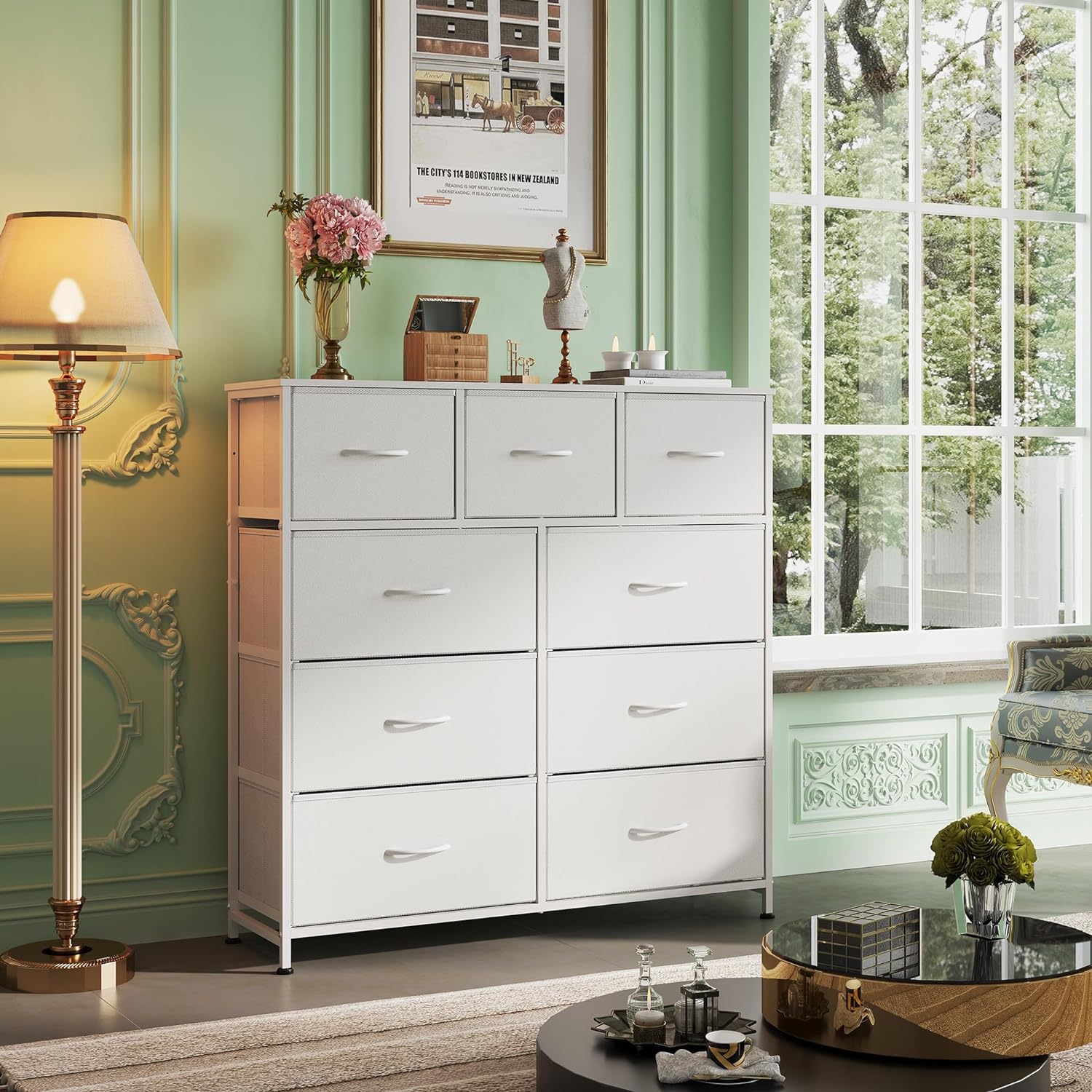 9-Drawer Dresser, Fabric Storage Closet, Tall Chest Organizer Unit for Bedroom with Fabric Bins, Steel Frame, Wood Top, Easy Pull Handle, White