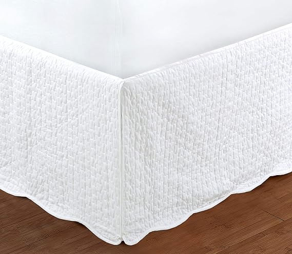 White Quilted Bed Skirt Dust Ruffle Matelasse Tailored Drop (Queen)