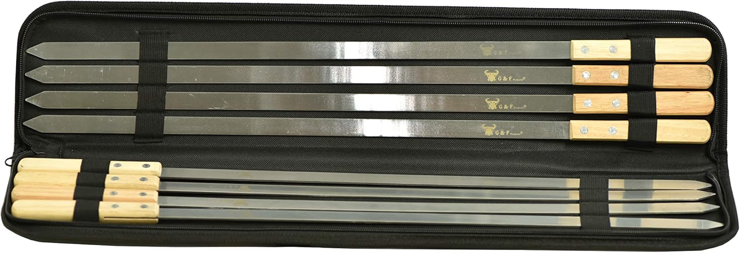 BBQ Skewers Stainless Steel Flat Metal Skewers with Wooden Handles