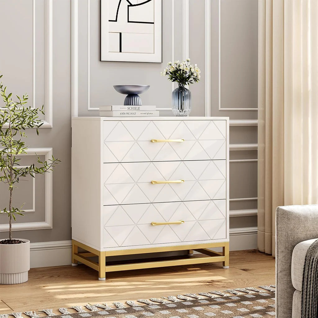 3 Drawer Dresser Wooden Bedside Storage with Gold Handles White