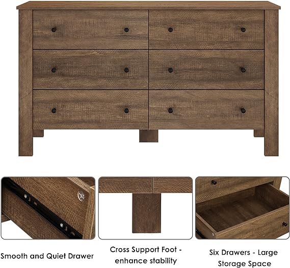 6 Drawer Dresser, Wood Chest of Drawers, Wide Storage Dresser with Sturdy Frame, Closet Organizer for Living Room Closets, Hallway, Rustic Brown