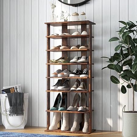 8 Tier Vertical Shoe Rack, Narrow Wooden Corner Shoe Organizer (Rustic Brown, Double Row)