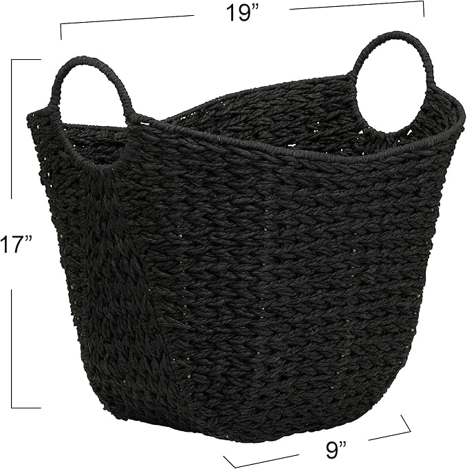 Black Paper Rope Basket with Handles, Natural Woven Wicker Storage Basket
