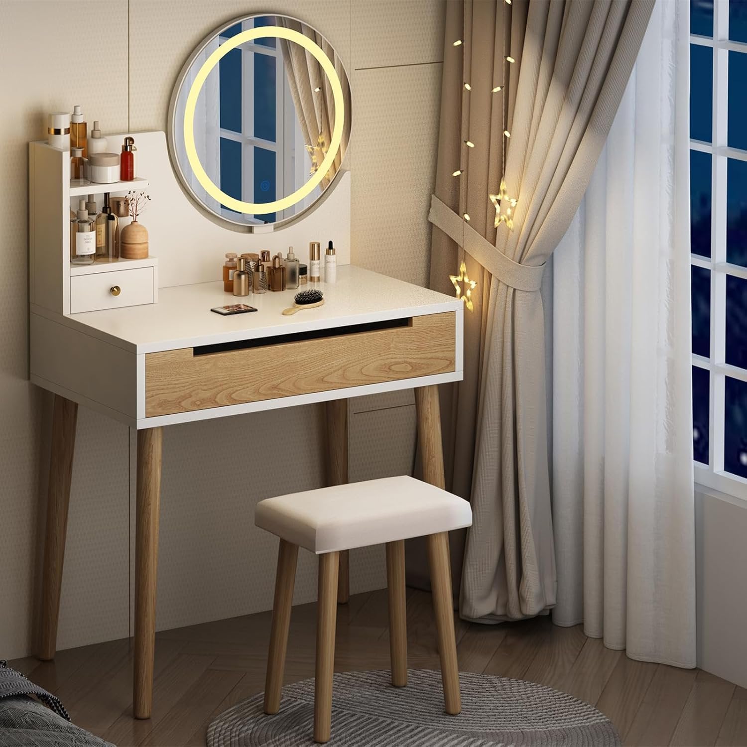 Makeup Vanity Desk, Wooden Adult Dressing Table, Makeup Table with 1 Drawers, Dressing Desk, with Touch light Mirror