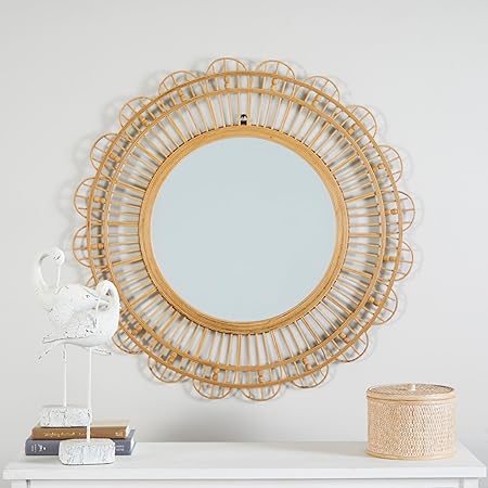 Bamboo Wood Handmade Room Wall Mirror Woven Entryway Mirror with Beaded Accents, Wall Mounted Mirror, Brown