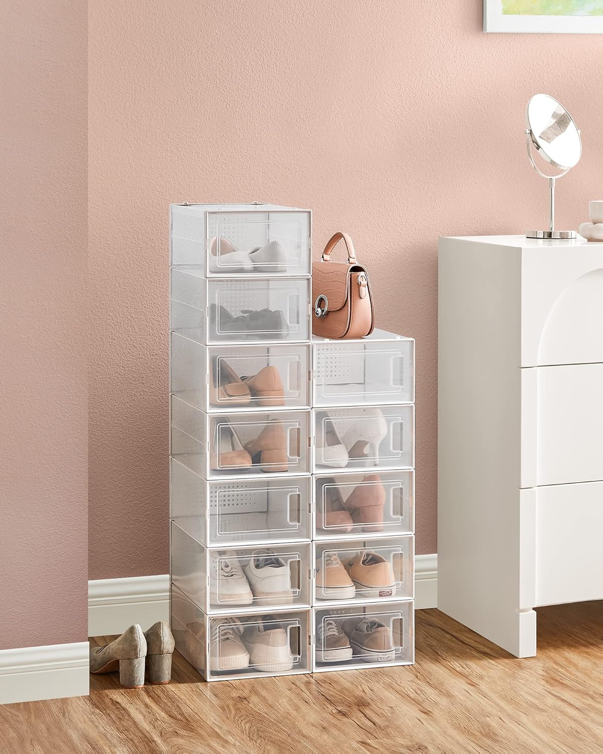 Shoe Boxes, Pack of 12, Stackable, Sneakers, Transparent and White