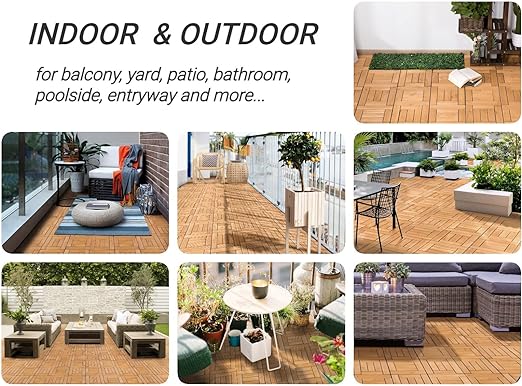 27PCS Natural Wood Deck Tiles Interlocking Patio Deck Tiles Solid Wood and Plastic Indoor&Outdoor
