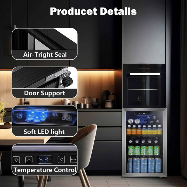 Beverage Refrigerator Cooler -120 Can Mini Fridge Glass Door for Soda Beer or Wine Constant Glass Door for Home/ Office/ Bar