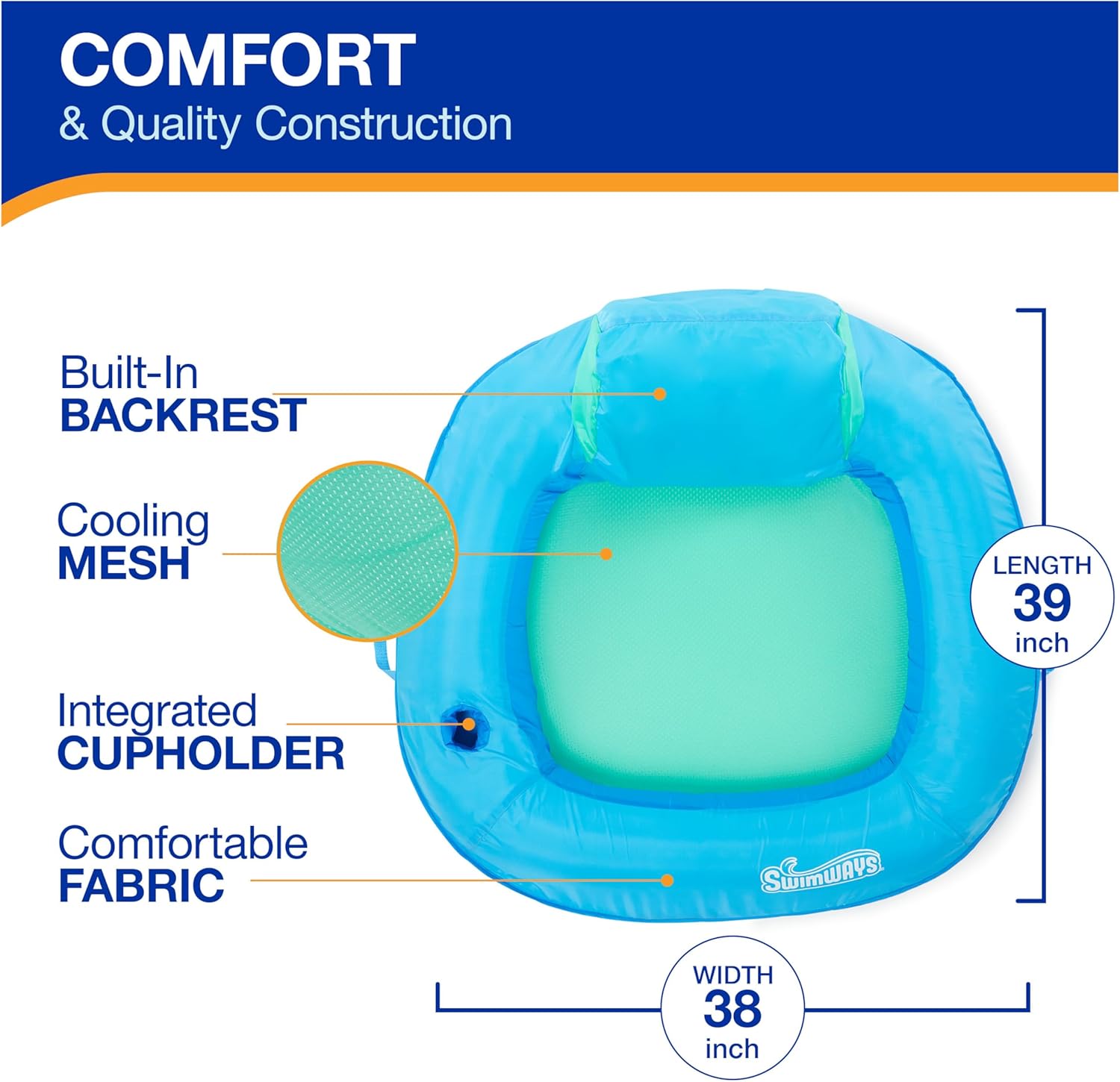Spring Float Premium SunSeat Pool Chairs for Swimming Pool, Inflatable Pool Floats Adult with Fast Inflation for Ages 15 & Up, Sky Blue