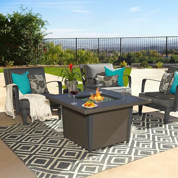 Ethan Multiple Gray Aluminum Frame Rattan Wicker Square Propane Gas Slate Gray Fire Pit Table