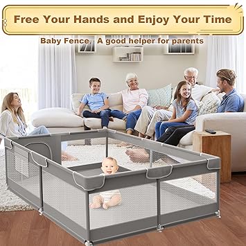Baby Play Pen Playards, Indoor & Outdoor Active Center Game Fence, with Skin-Friendly Fabric and Soft Breathable Mesh Grey