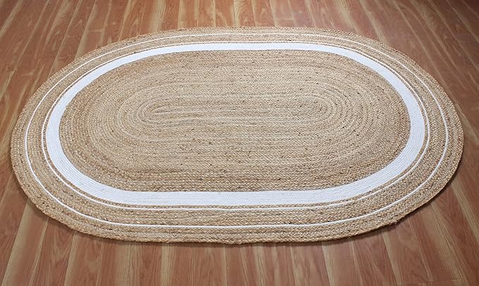 Geometric Collection Oval Area Rug - Beige and White Natural, Handmade Flat Weave Jute, Ideal for High Traffic Areas