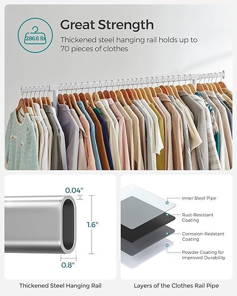 Clothes Rack with Wheels, Heavy-Duty Garment Rack with Extendable Hanging Rod, Chrome-Plated, Matte White