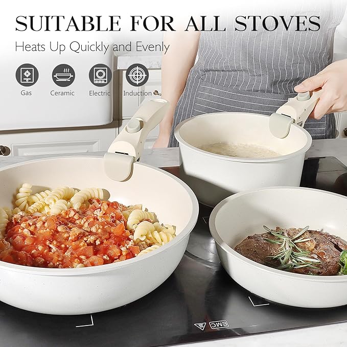 11Pcs Pots and Pans Set Non Stick, Cookware Sets Nonstick Detachable Handle, Induction Kitchen Set Removable Handle, RV Cookware set, Oven Safe