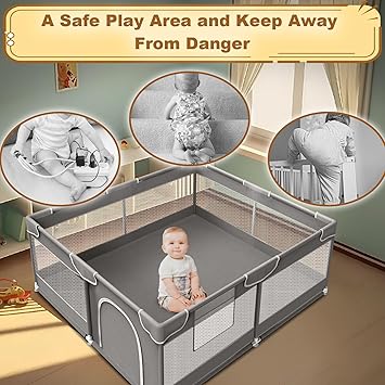 Baby Play Pen Playards, Indoor & Outdoor Active Center Game Fence, with Skin-Friendly Fabric and Soft Breathable Mesh Grey