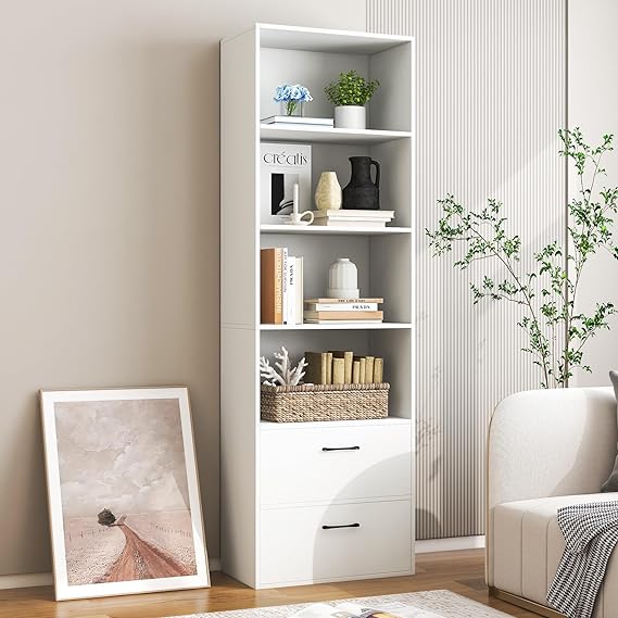 4 Shelf Bookcase with Drawers, Tall Bookshelves and Bookcases, Vertical Bookshelf Tower, Wood Storage Shelves, Modern Book Shelf for Bedroom, Living Room, Home Office