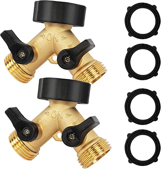 2 Pack Brass Garden Hose Splitter 2 Way, 3/4 Inch Hose Connector Tap Splitter, Hose Y Splitter, Hose Spigot Adapter 2 Valves with 4 Extra Rubber Washers