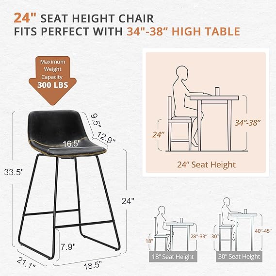 Bar Stools Set of 3, ALX Faux Leather Barstools, Modern Counter Height Stools with Back and Metal Legs, Armless Counter Chairs for Kitchen Island, Black