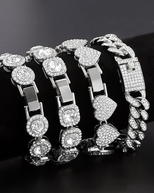 4PCS Gold Bracelets for Women Silver Clustered Tennis Bracelet for Women Heart Round Diamond Cuban Bracelet Layered Link Bracelet Set Fashion Jewelry for Women Set