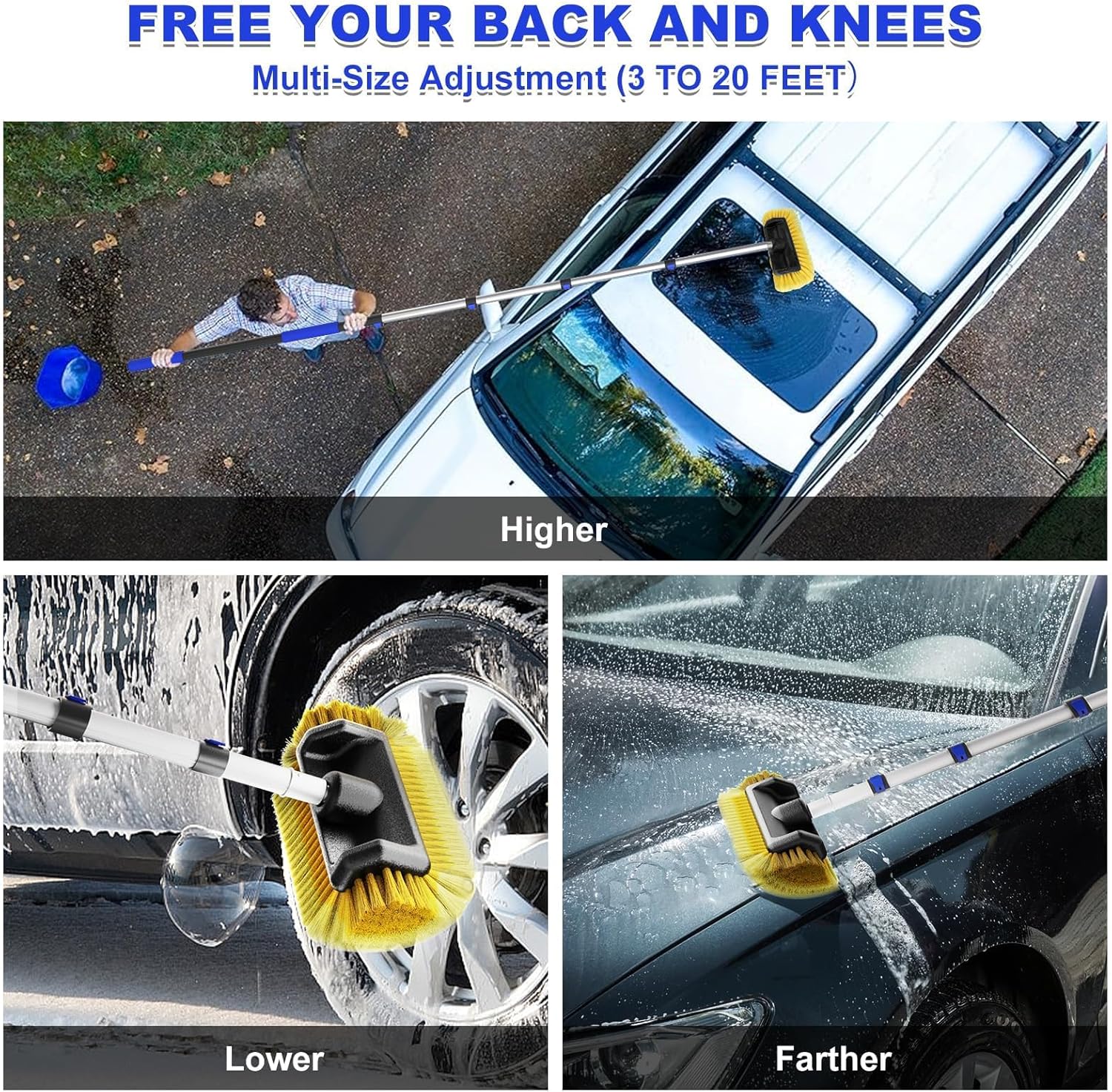 Reach Car Wash Brush with Long Handle, 12-Inch Soft Bristle Head, Blue