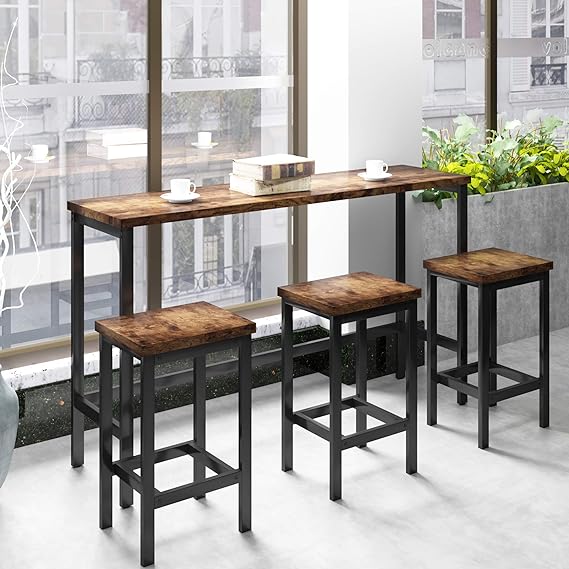 4-Piece Counter Height Extra Long Dining Table Set with 3 Stools and Side Table with Footrest Pub Kitchen Set, Brown