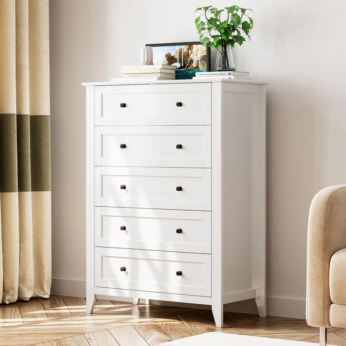 White 5 Drawer Dresser for Bedroom, Wood Dresser with Deep Space & Metal Knobs, Tall Dresser Closet Organizer, Modern Chests of Drawers