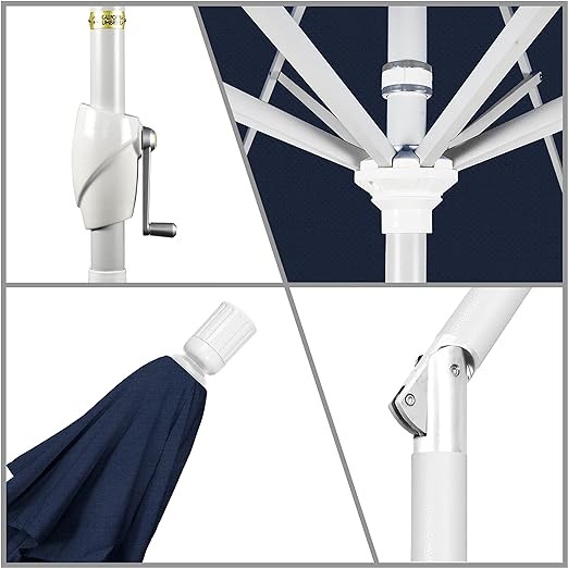 Round Aluminum Market Umbrella, Crank Lift, Push Button Tilt, White Pole, Navy Blue Olefin