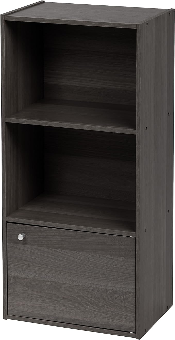 3 Tier Wood Storage Shelf, Bookcase, Bookshelf for Small Spaces, 1 Door, Gray