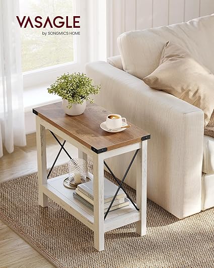 2-Tier End Table, Side Table with Bottom Shelf, Nightstand, Rustic White and Honey Brown