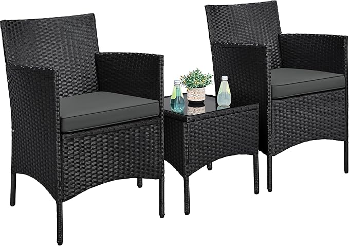 3 Pieces Patio Porch Furniture Set, Outdoor PE Rattan Wicker Conversation Set with Soft Cushions, Glass Coffee Table & 2 Chairs