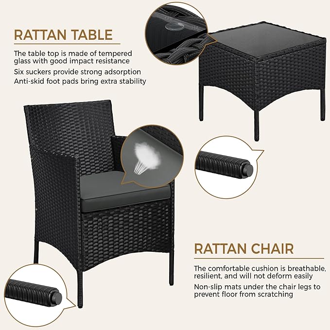 3 Pieces Patio Porch Furniture Set, Outdoor PE Rattan Wicker Conversation Set with Soft Cushions, Glass Coffee Table & 2 Chairs