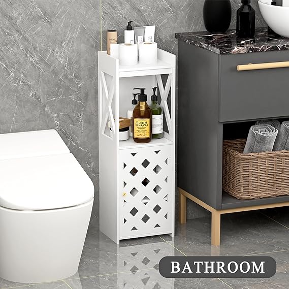 Bathroom Storage Cabinet, White Bathroom Floor Cabinet Freestanding Organizer with Door and Open Shelf for Kitchen Living Room Narrow Space