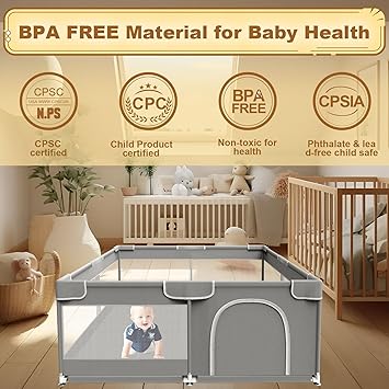 Baby Play Pen Playards, Indoor & Outdoor Active Center Game Fence, with Skin-Friendly Fabric and Soft Breathable Mesh Grey